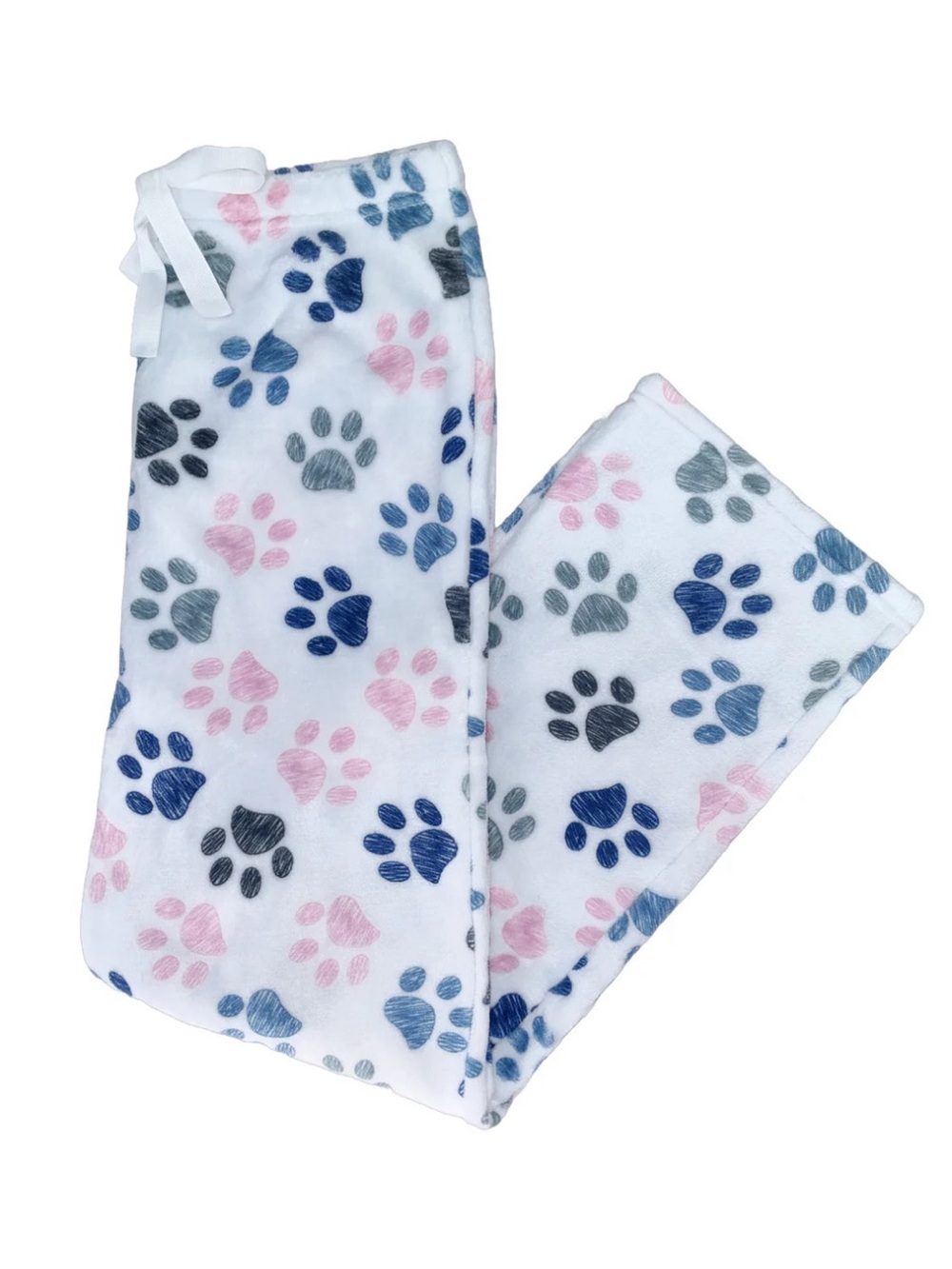 Women's White Fleece Pajama Pants with Pink, Blue & Gray Paw Prints